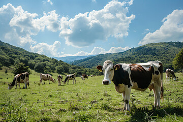 Fototapeta na wymiar Cows on the green field summertime