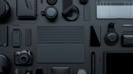 A diverse collection of black technological gadgets and accessories arranged neatly, showcasing a modern, monochromatic theme.