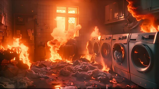 piles of dirty laundry on fire in laundry room,generative ai
