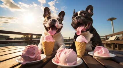 the joyous moment of a French Bulldog dog savoring a scoop of vanilla ice cream on a sunny day