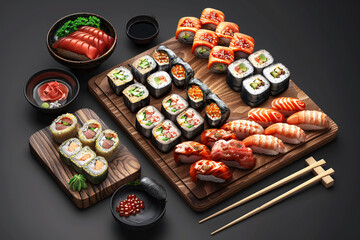 Tasty sushi sets on plates on dark background