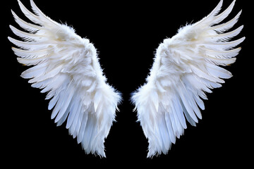 Angel wings isolated on the black background, fantasy feather wings for fashion design, cosplay and dress up party.