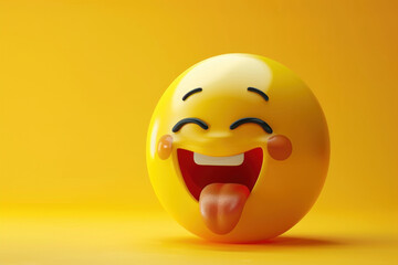 Fototapeta premium 3D render of a yellow happy emoji with its tongue out isolated on yellow background. smile face emoji sticking tongue