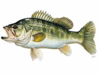 A largemouth bass fish, with its mouth open, and facing the left of the image.