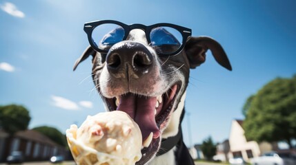 the joyous moment of a Great Dane dog savoring a scoop of vanilla ice cream on a sunny day - obrazy, fototapety, plakaty