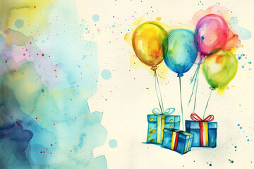 An illustration of a birthday card, white background with balloons and wrapped gifts or presents with a bow