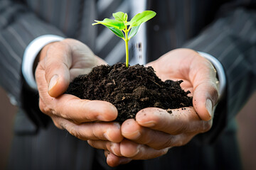 Kleine Pflanze in Erde, getragen in beiden Händen, Konzept der Nachhaltigkeit, Ökologie, erstellt mit generativer KI