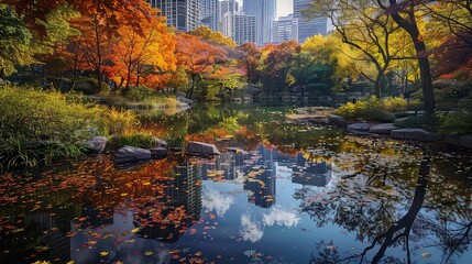 A serene pond reflecting the vibrant colors of autumn foliage, a tranquil oasis amidst the bustling energy of the city.