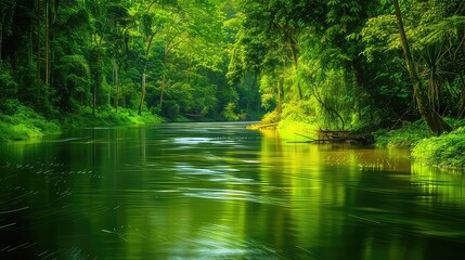 Fototapeta na wymiar A serene river flowing through a tranquil forest, its gentle waters reflecting the lush greenery and vibrant foliage along its banks.