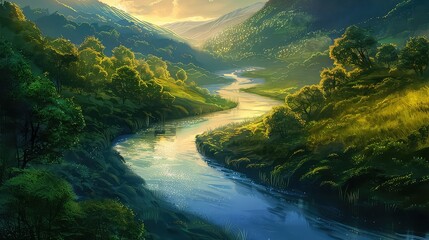 A serene river winding its way through a peaceful valley, its waters reflecting the verdant landscape and vibrant colors of the surrounding nature.