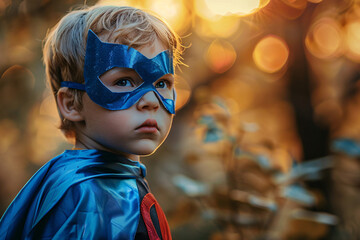 Little boy in blue superman mask and wear