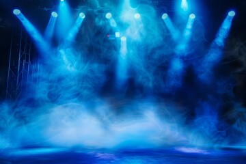 dramatic stage with vibrant blue spotlights and swirling smoke theatrical performance background vector illustration - obrazy, fototapety, plakaty