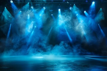 dramatic stage with vibrant blue spotlights and swirling smoke theatrical performance background vector illustration - obrazy, fototapety, plakaty