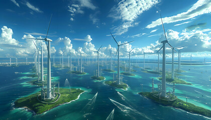 A massive windmill park, in the middle of the ocean. Each windmill is situated on its own seperate small island - obrazy, fototapety, plakaty