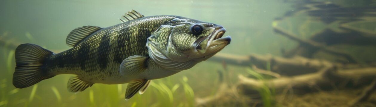A largemouth bass fish is swimming in the lake.