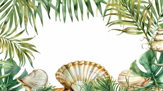 Seashell clipart framed by palm fronds.