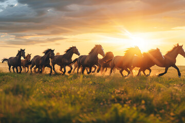 Strong horses running on field on sunset