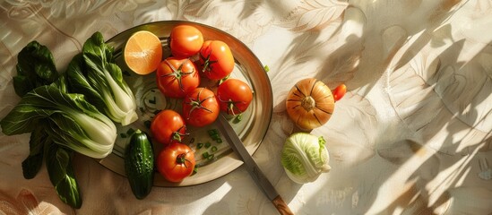 Green tomatoes and bok choy, along with other vegetables, arranged in a flat lay on a plate with a knife, captured under bright sunlight against a beige background with copy space.