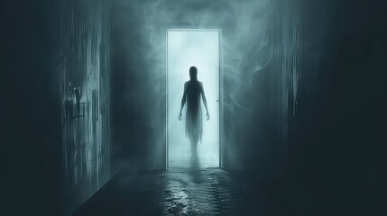 A shadowy figure standing in a doorway, representing the fear of the unknown lurking within.