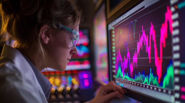 A scientist adjusts the settings of a high-performance liquid chromatography machine, where colorful peaks dance across the screen, representing the chemical makeup of a sample.