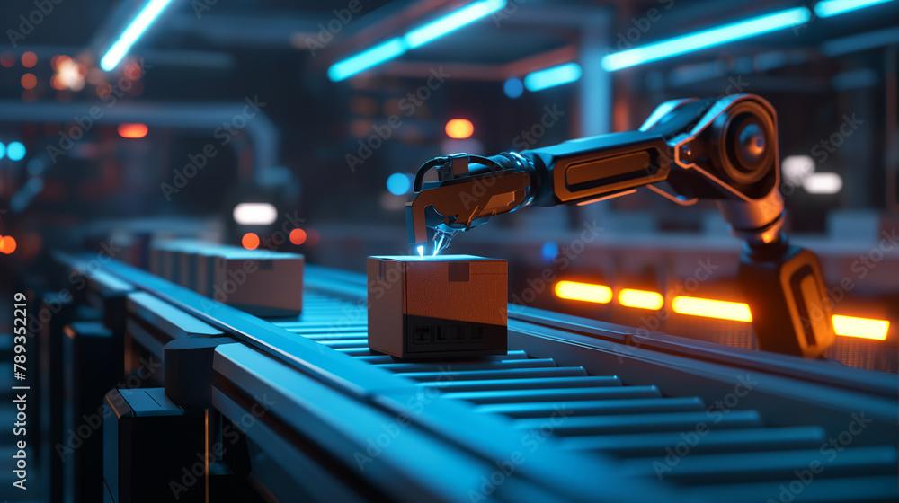 Poster a futuristic robotic arm carefully selects a small box from a neatly arranged line on a conveyor bel