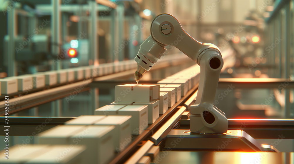 Poster a futuristic robotic arm carefully selects a small box from a neatly arranged line on a conveyor bel