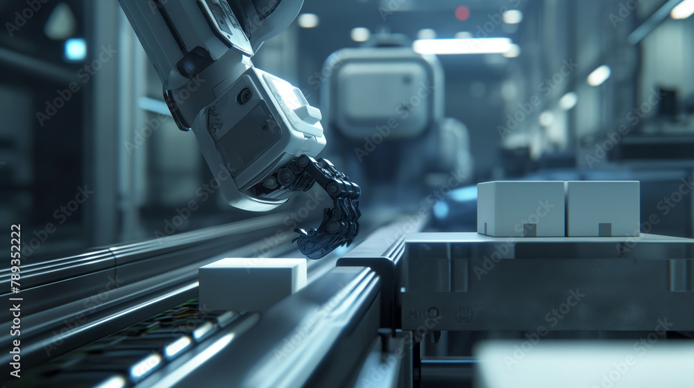 Poster a futuristic robotic arm carefully selects a small box from a neatly arranged line on a conveyor bel