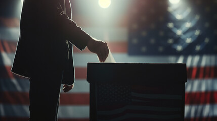 Silhouetted by the American flag, a man's hand releases a ballot into the box, highlighting the significance of democratic choice and national unity in a close-up shot full of patr - obrazy, fototapety, plakaty