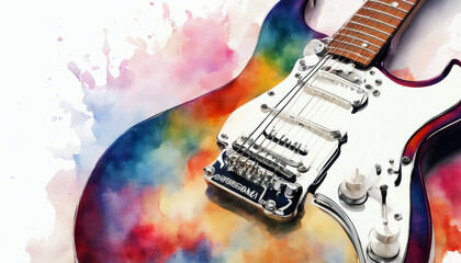 banner horizontal illustration watercolor background copy space white Electric guitar colorful music rock performance - obrazy, fototapety, plakaty