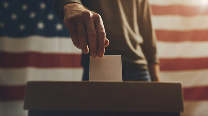 Set against the American flag, a man's hand drops his ballot into the election box, capturing the essence of democratic freedom and civic engagement in a close-up shot resonant wit - obrazy, fototapety, plakaty