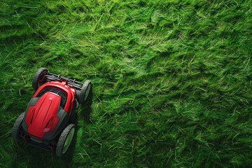 Top view of lawn mower on green grass