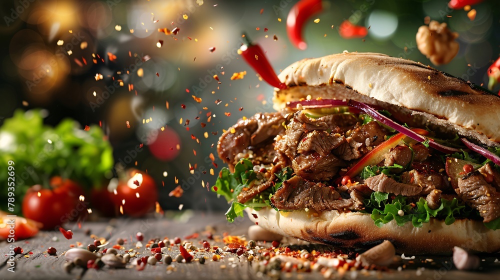 Wall mural Creative food image of Mexican Tacos de Cochinita Pibil and onion with habanero chili falling on traditional mexican clay dish. Levitation photography.