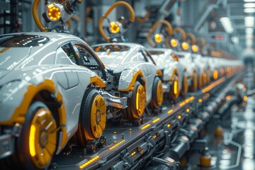 Fototapeta premium Automatic robotic assembly line for robots and modern machines, AI generated