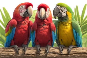 Three colorful parrots sitting on a tree branch in a tropical forest. 