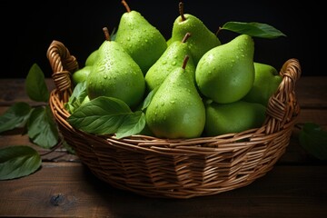 Pears in a basket on the wood wall and dark. high angle view., generative IA