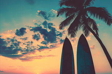 Silhouette of surfboards on a beach with tropical palm tree against a sunset sky