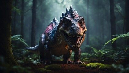 a dinosaur in the middle of a dark forest from Generative AI