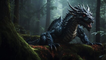 a dragon in the middle of a dark forest from Generative AI - obrazy, fototapety, plakaty