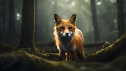 Naklejka na ściany i meble a fox in the middle of a dark forest from Generative AI