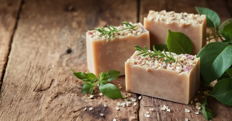 Natural herbal soap bar with dried flower petals and herbal oils on a wooden background. Handmade organic cosmetics. Healthy lifestyle, beauty, skin care. Zero waste home concept with copy space.