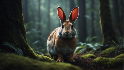 a rabbit in the middle of a dark forest from Generative AI - obrazy, fototapety, plakaty