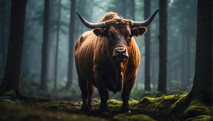 a ox in the middle of a dark forest from Generative AI - obrazy, fototapety, plakaty