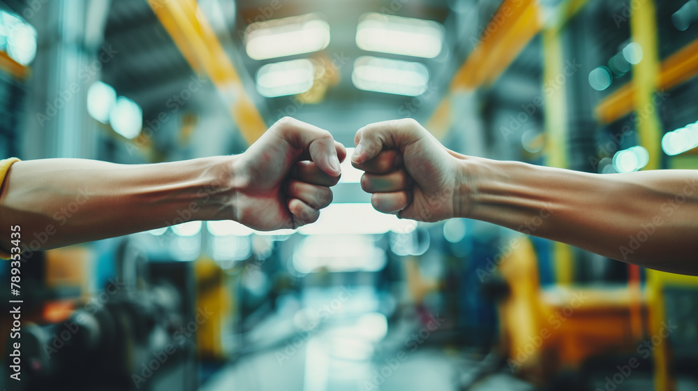 Poster two men are shaking hands in a factory. scene is positive and friendly. the idea behind the image is