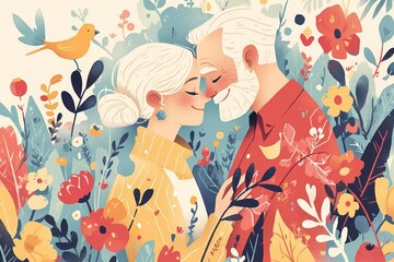 Elderly couple in a colorful paper cut art style, surrounded by nature and birds, paper leaves and trees, 