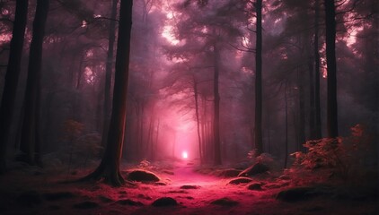 glowing pink light in the middle of a dark forest from Generative AI