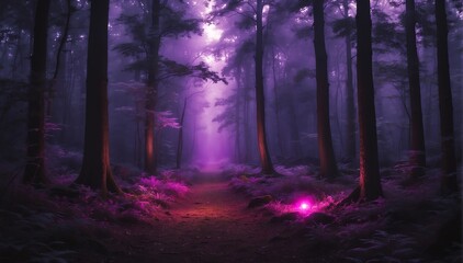 glowing purple light in the middle of a dark forest from Generative AI