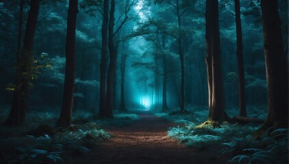 glowing teal light in the middle of a dark forest from Generative AI