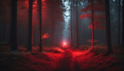 glowing red light in the middle of a dark forest from Generative AI