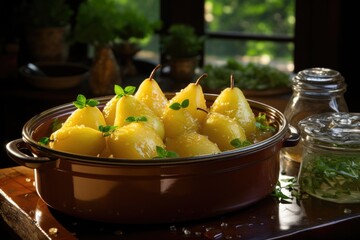 Stewed Pears Pot of Sweet Pears cooked in syrup or white wine on a green wooden , generative IA