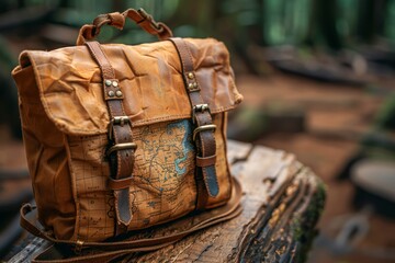 A vintage leather bag with a world map on it sits on a log in the woods.